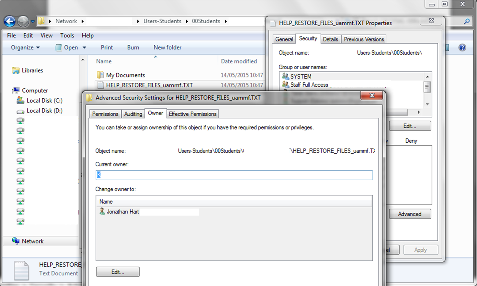 The Windows property window showing the owner of the files