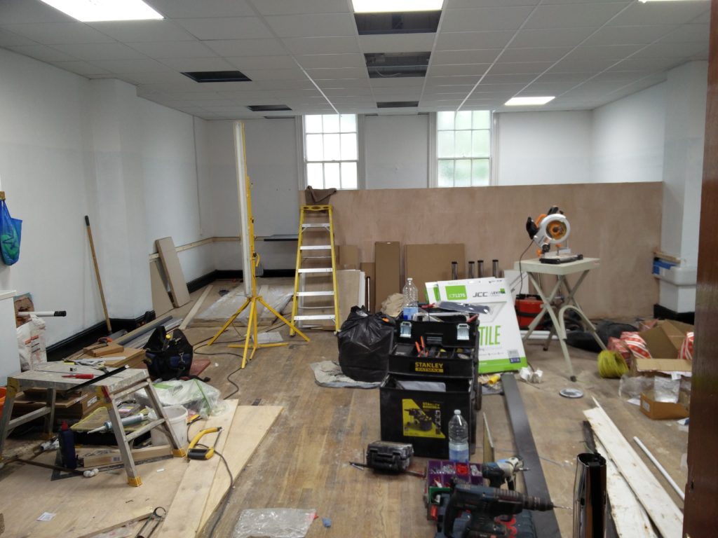 The staffroom with tools around, but mostly built