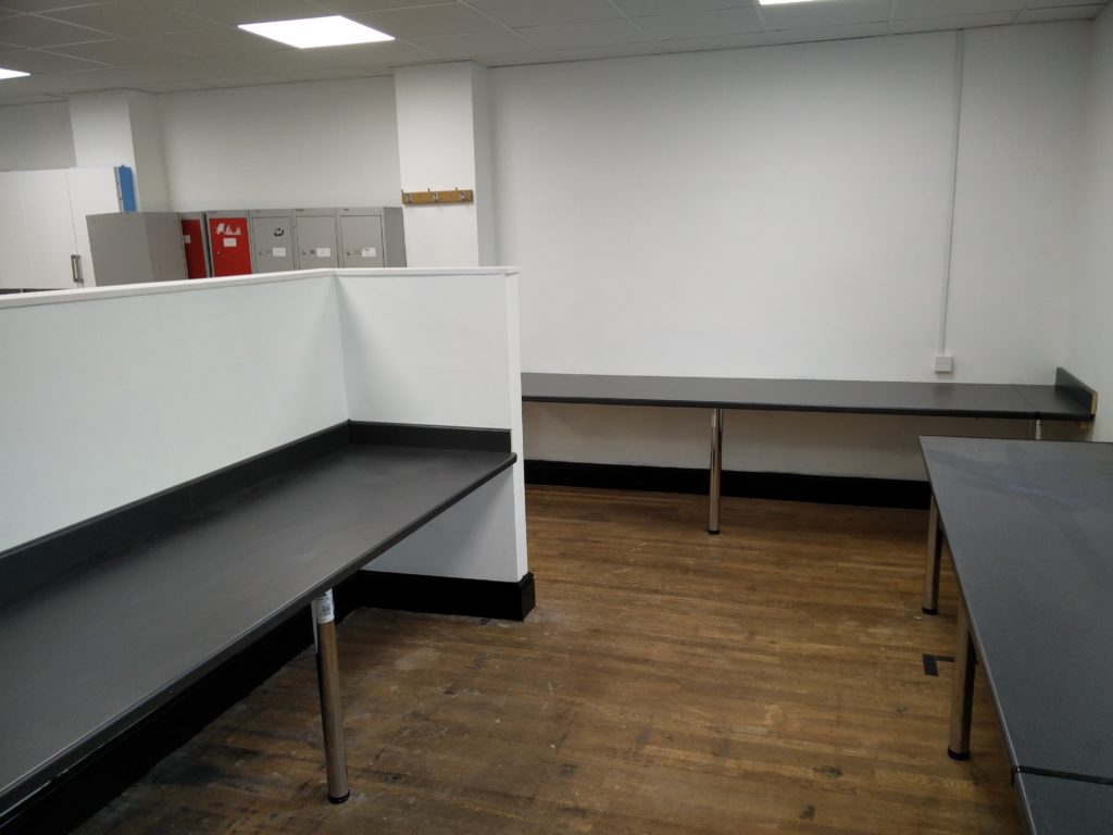 The computer work area desks in place