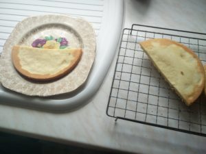 The cake cut in half