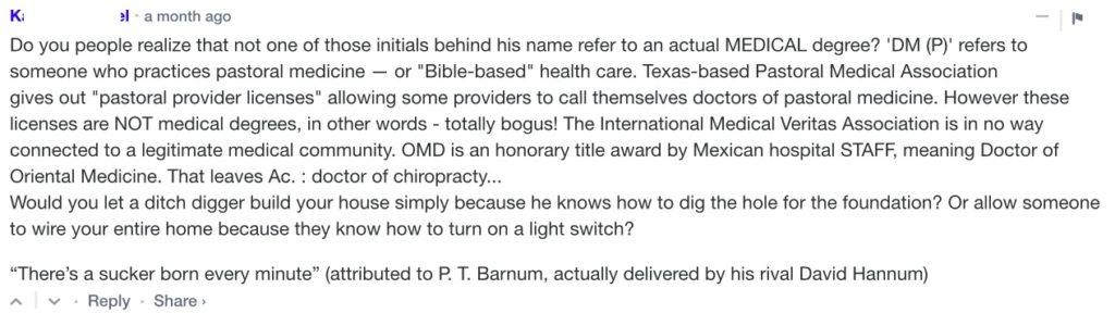 A comment written about the medical blog post