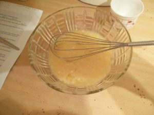 The eggs, sugar and vegetable shortening have all been mixed together