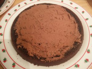 The base layer of the cake with the whipping cream spread over it