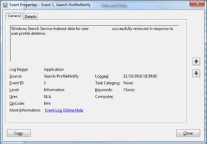The properties of one event log, showing the message generated when the user logged off