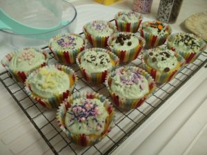 The cakes with a variety of sprinkled decorations