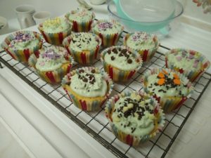 Another view of the decorations on top of the cakes