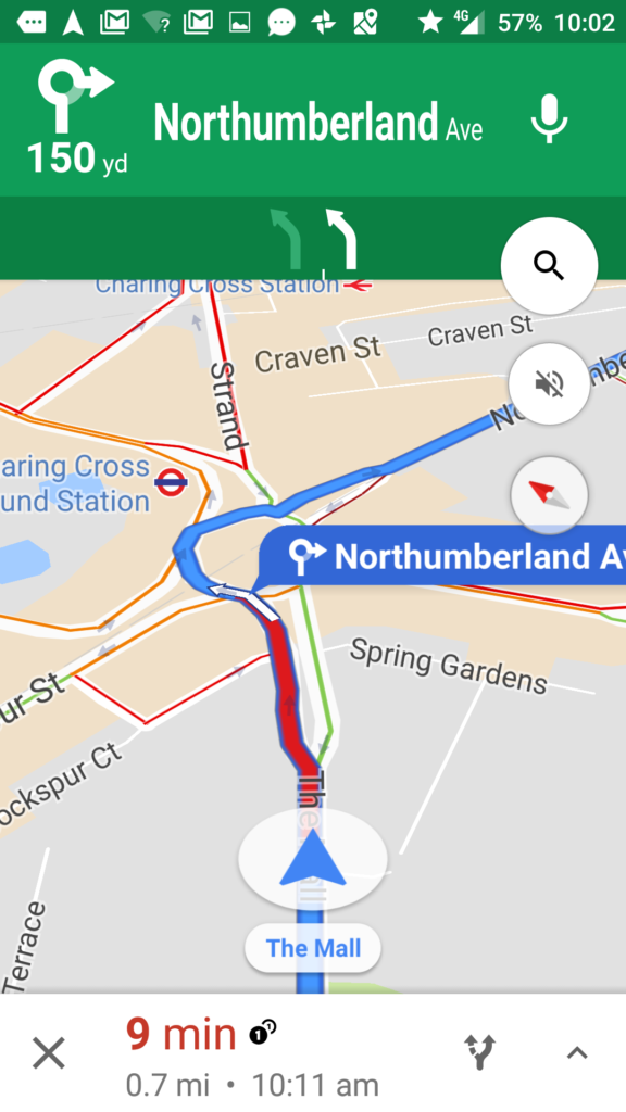 Google Maps showing how far we needed to travel, how long it would take, the time being an hour after we needed to be there, located on The Mall