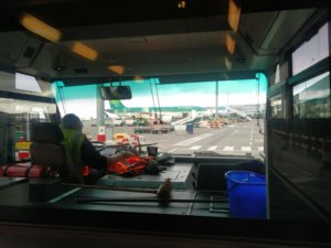 A view of the plane from Birmingham Airport and the drivers cab of the Dublin Airport shuttle bus
