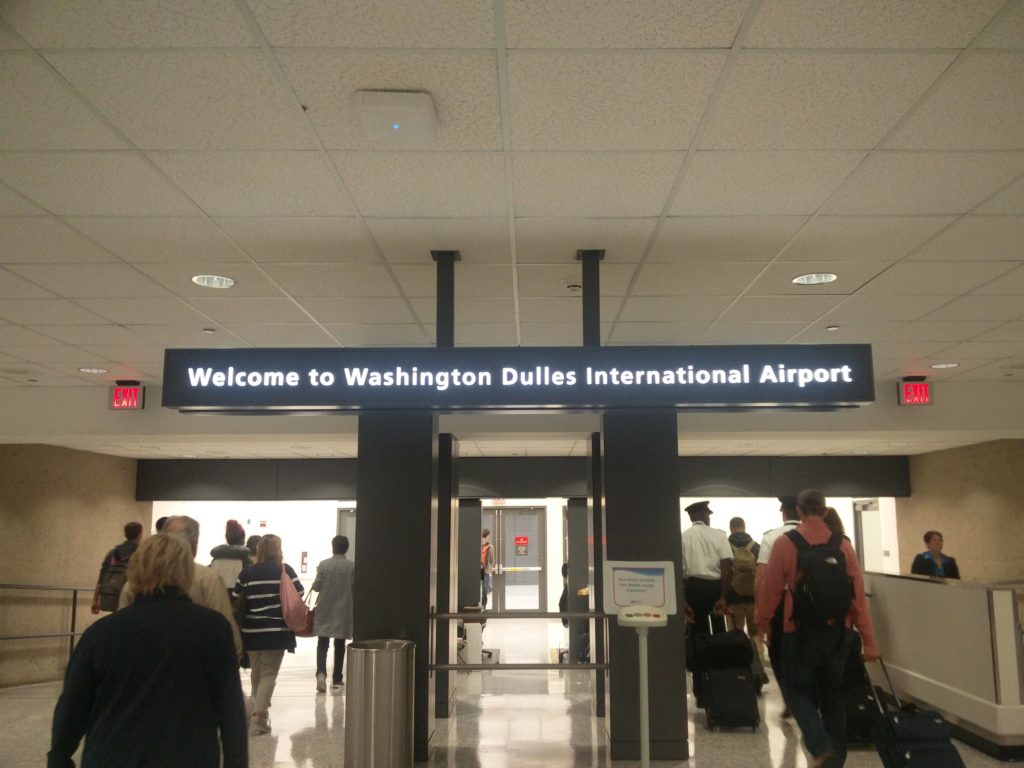 The "Welcome to Washington Dulles International Airport" sign outside baggage reclaim