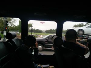 The White House through a window of the minibus