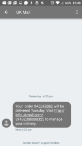 A text message showing the delivery had been collected