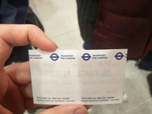 An underground train ticket from Stratford station
