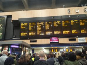 The display boards showing the trains to Birmingham New Street and Crewe