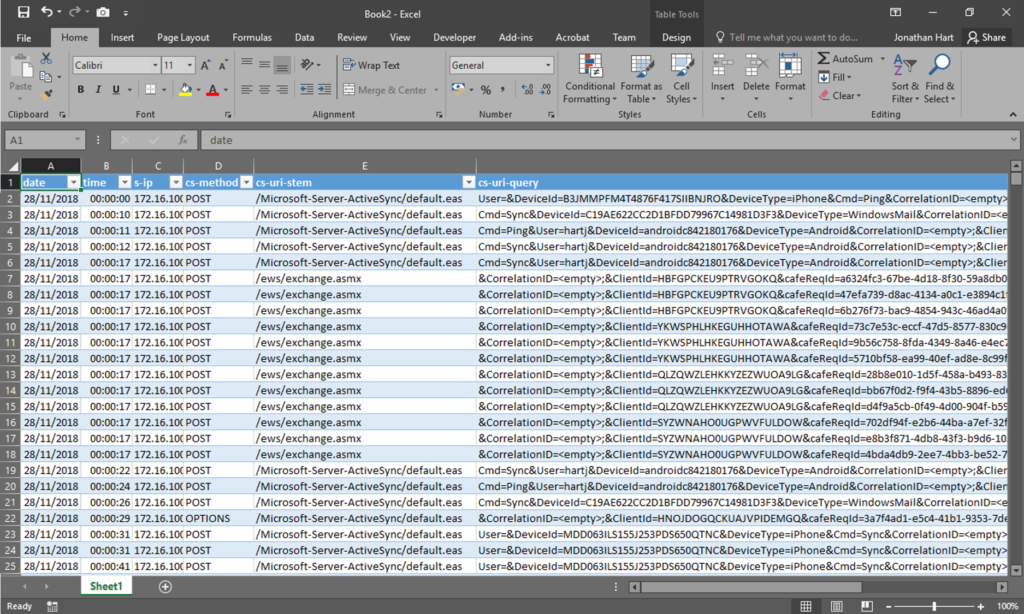 A selection of log rows in Excel from IIS